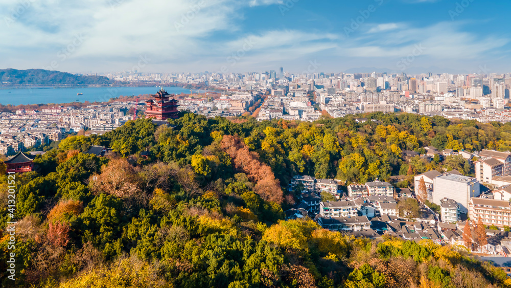 杭州古城城黄阁古建筑景区航拍