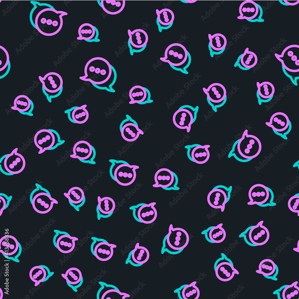 Line Speech bubble chat icon isolated seamless pattern on black background. Message icon. Communicat