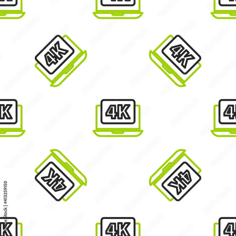 Line Laptop screen with 4k video technology icon isolated seamless pattern on white background. Vect