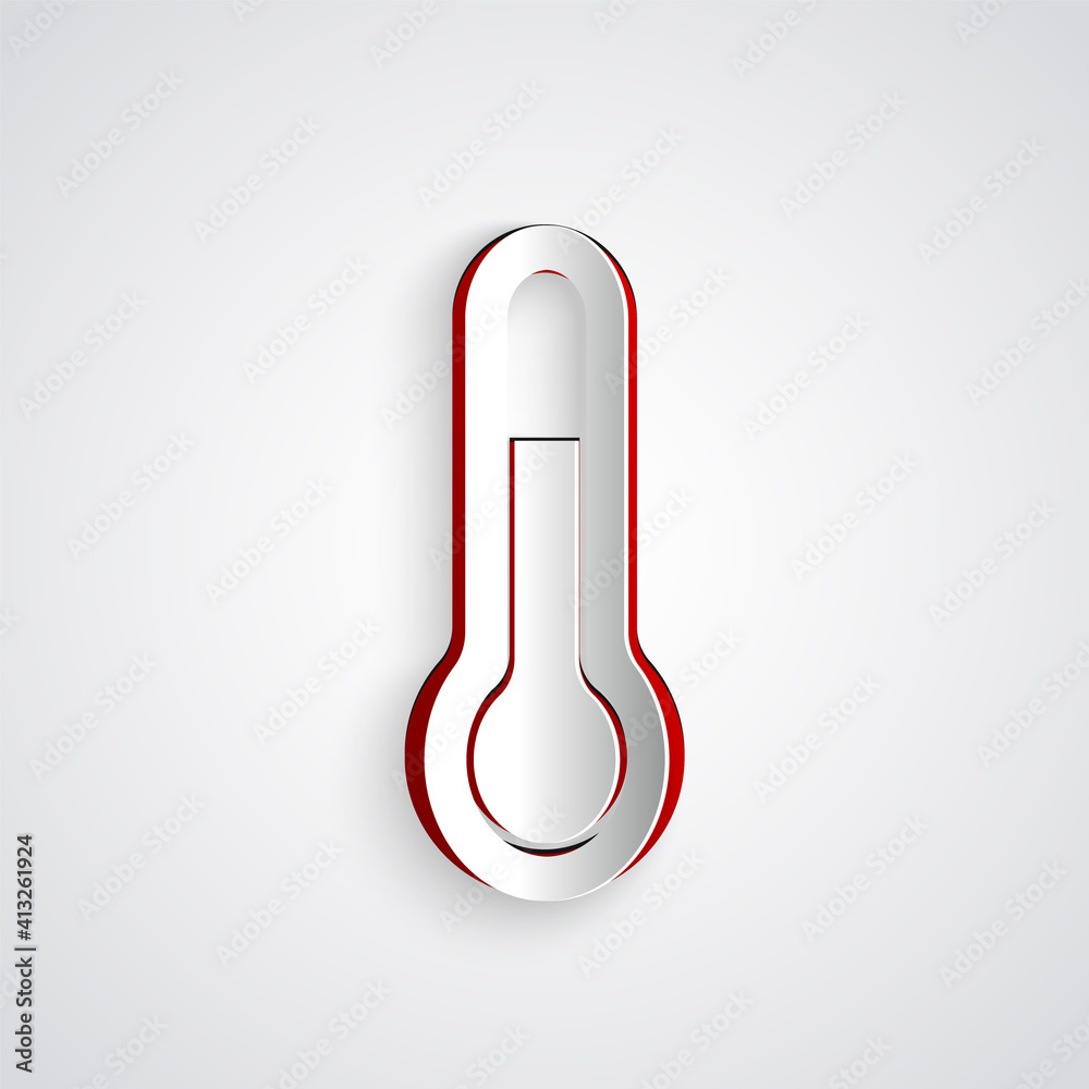 Paper cut Meteorology thermometer measuring icon isolated on grey background. Thermometer equipment 