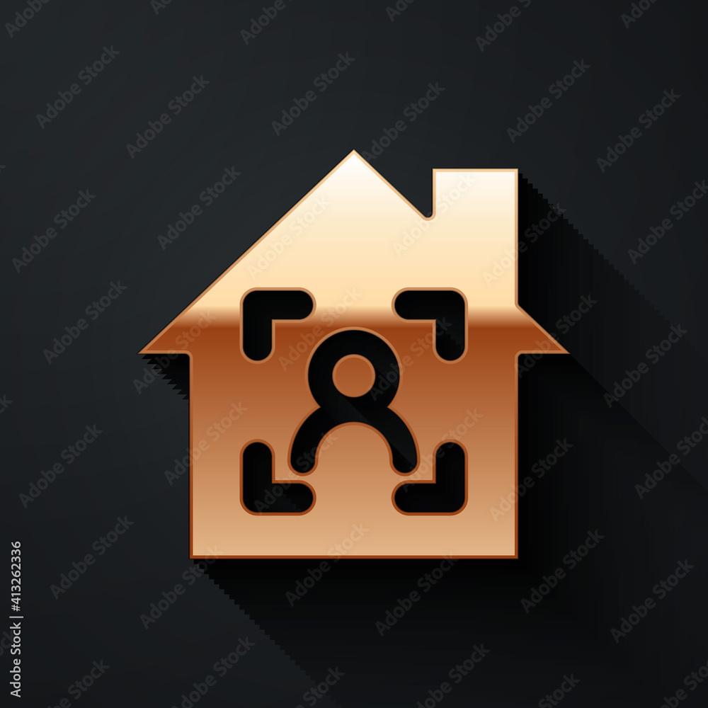 Gold Smart home with face recognition icon isolated on black background. Face identification scanner