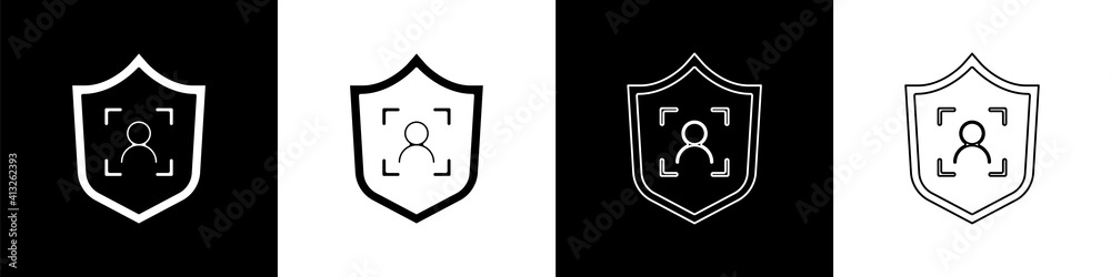 Set Shield face recognition icon isolated on black and white background. Face identification scanner