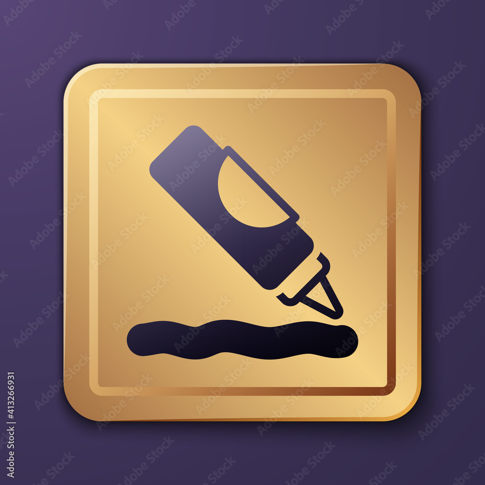 Purple Ketchup bottle icon isolated on purple background. Barbecue and BBQ grill symbol. Gold square