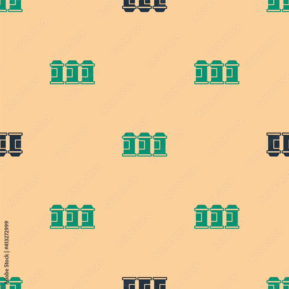 Green and black Paint spray can icon isolated seamless pattern on beige background. Vector.