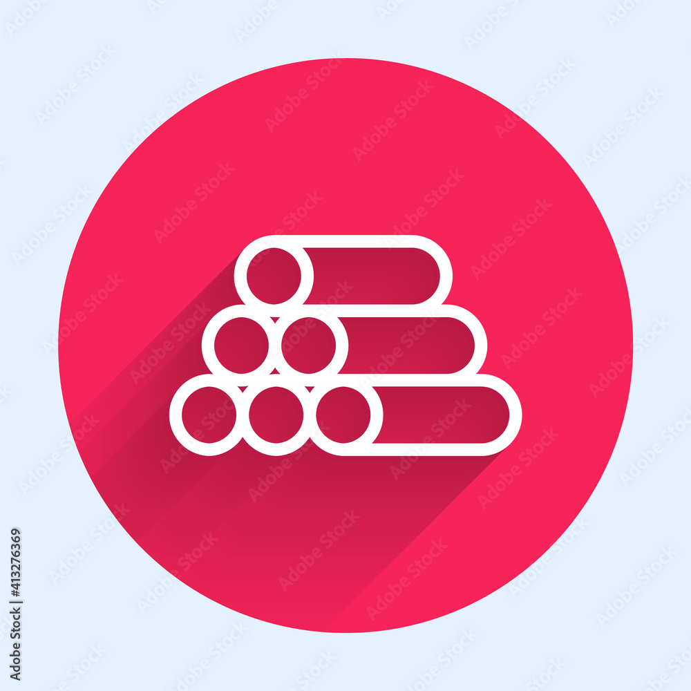 White line Wooden logs icon isolated with long shadow. Stack of firewood. Red circle button. Vector.