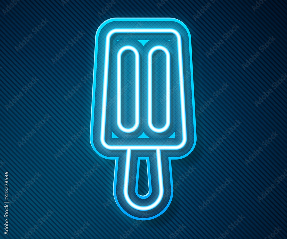 Glowing neon line Ice cream on stick icon isolated on blue background. Sweet symbol. Vector.