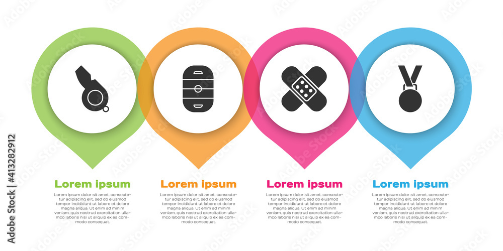 Set Whistle, Ice hockey rink, Crossed bandage plaster and Medal. Business infographic template. Vect