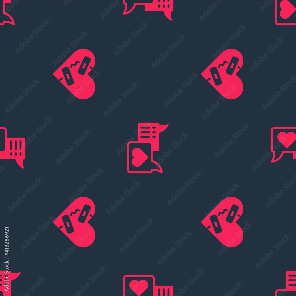 Set Healed broken heart and Heart in speech bubble on seamless pattern. Vector.