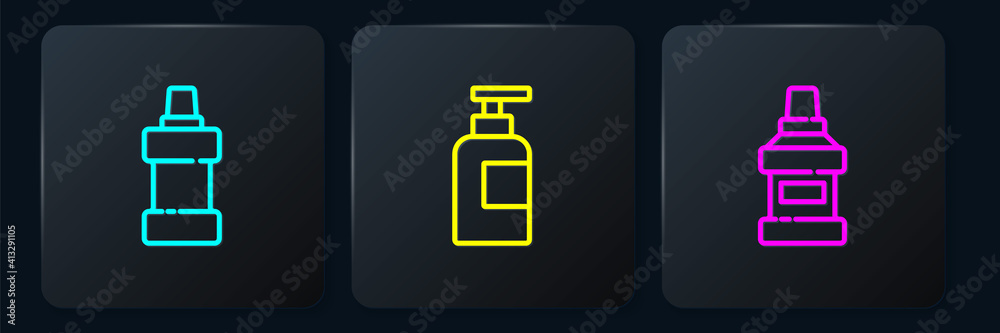 Set line Bottle for cleaning agent, Mouthwash bottle and of shampoo. Black square button. Vector.