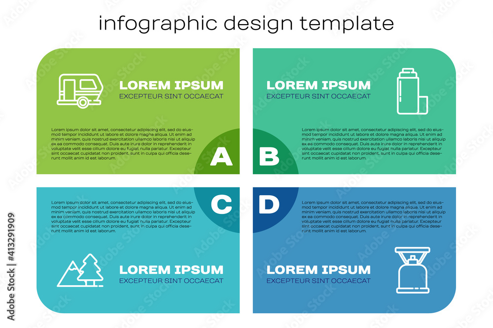Set line Mountains with tree, Rv Camping trailer, gas stove and Thermos container. Business infograp