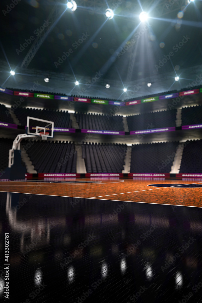 Empty Basketball court. Sport arena. 3d render background