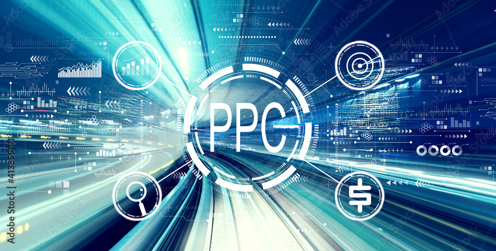 PPC - Pay per click concept with abstract high speed technology POV motion blur