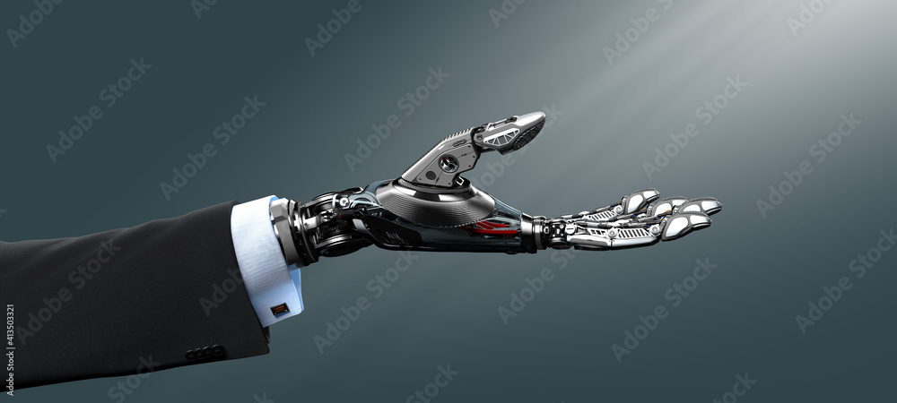 Robot arm mechanical palm facing up cybernetic AI neural network business concept