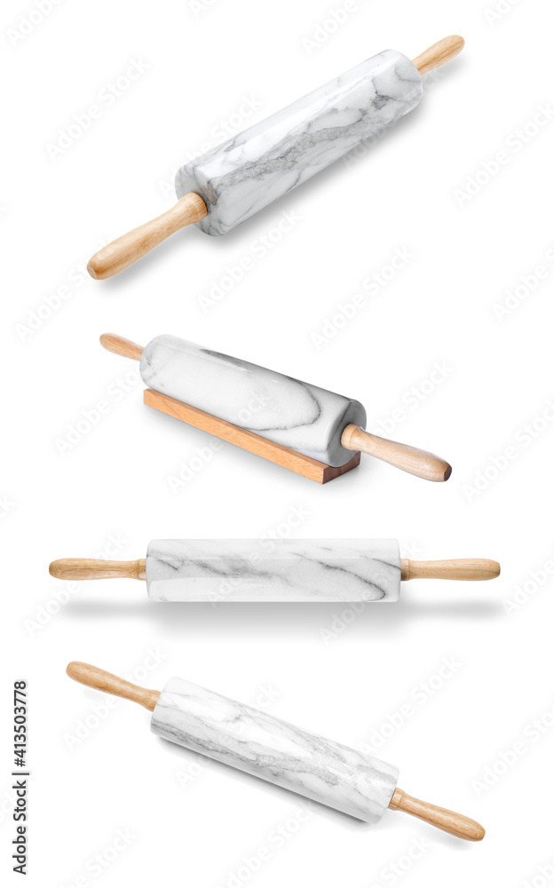 Collage of rolling pin on white background