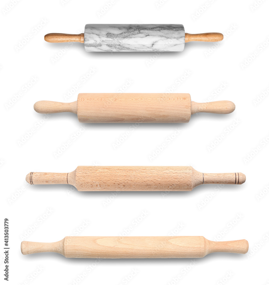 Collage of different rolling pins on white background