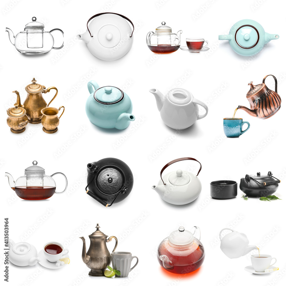 Set of different teapots and cups of hot drink on white background