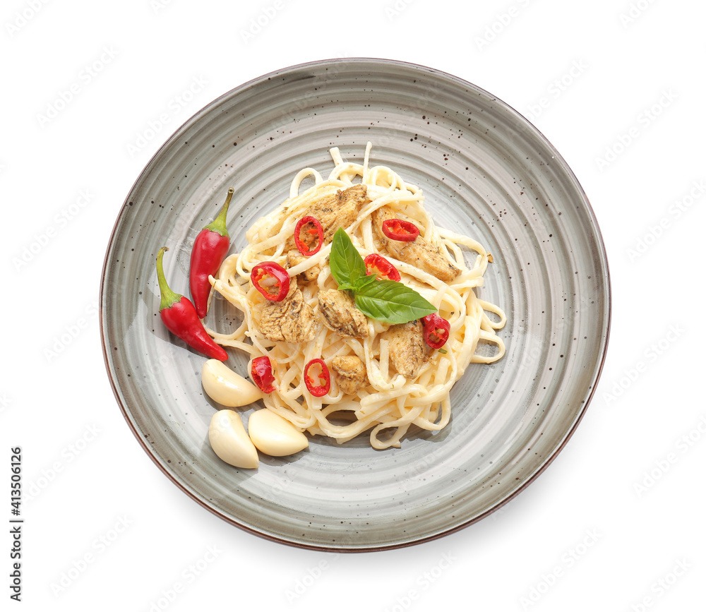 Plate with tasty noodles, chicken and garlic on white background