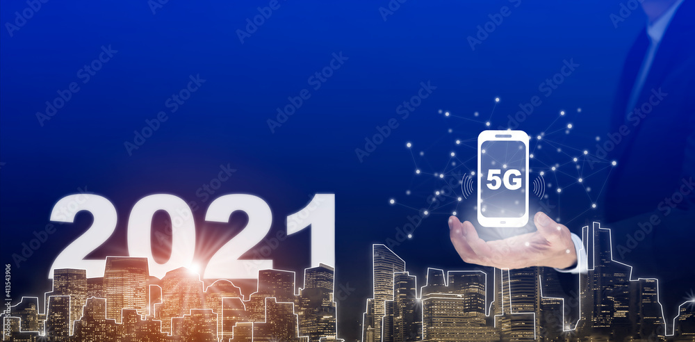 2021新年概念，商业控股手机图标技术移动通信5G