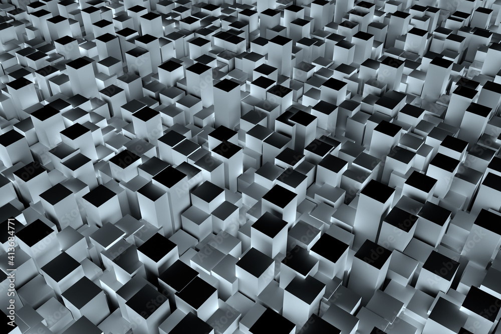 Abstract illustration of 3d grey blocks against black background