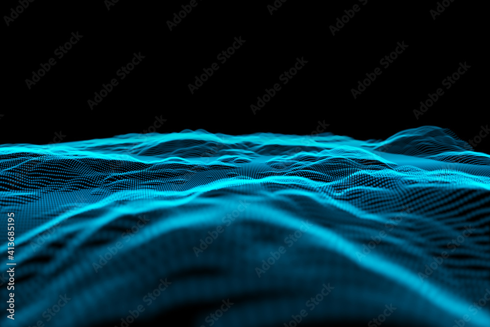 Abstract illustration of glowing blue digital mesh wave against black background