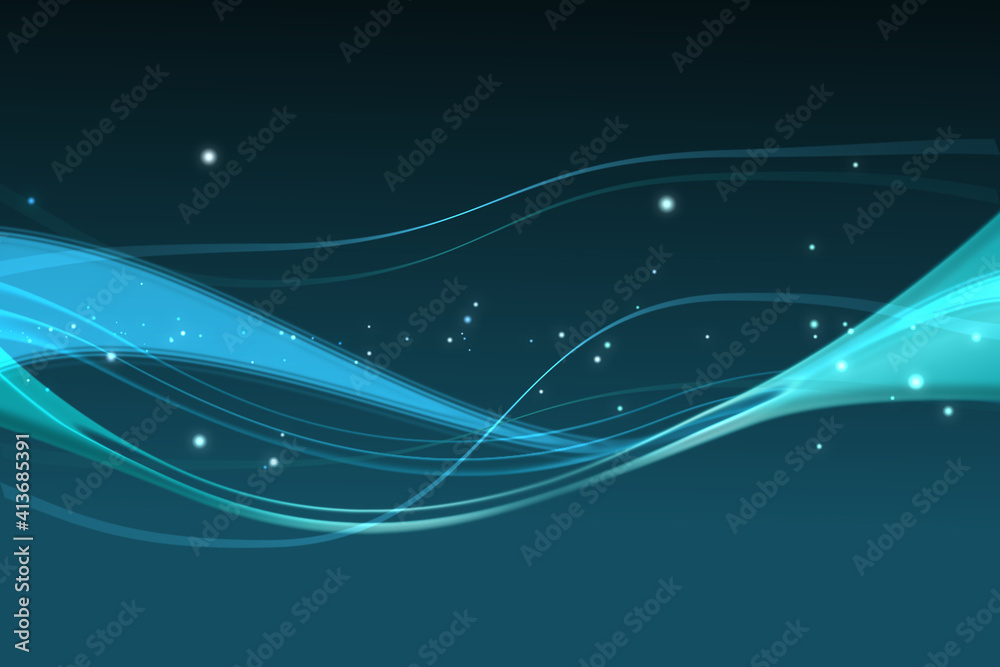 Abstract illustration of blue glowing digital waves and white particles against blue background