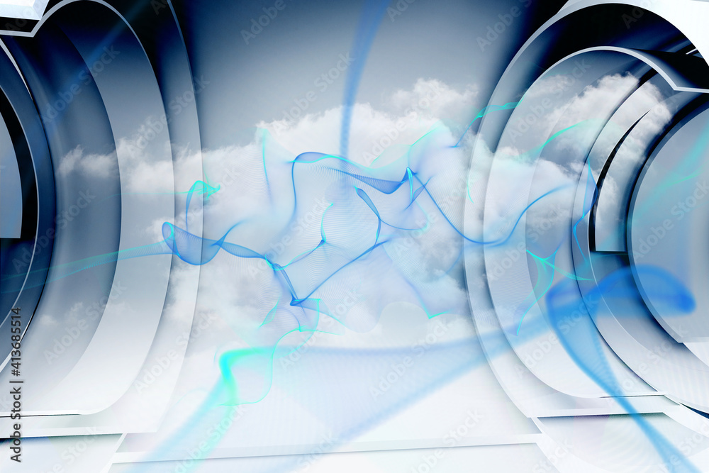 Abstract illustration of blue digital waves over two circular scope scanner against clouds in blue s