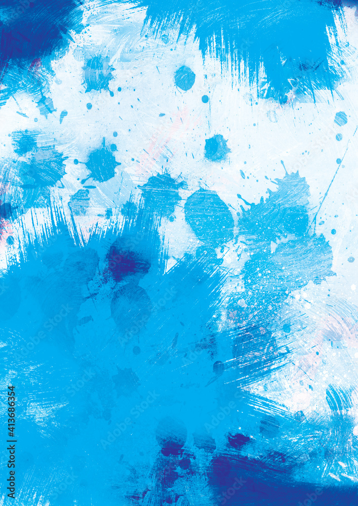 Abstract illustration of blue paint splatters against white background