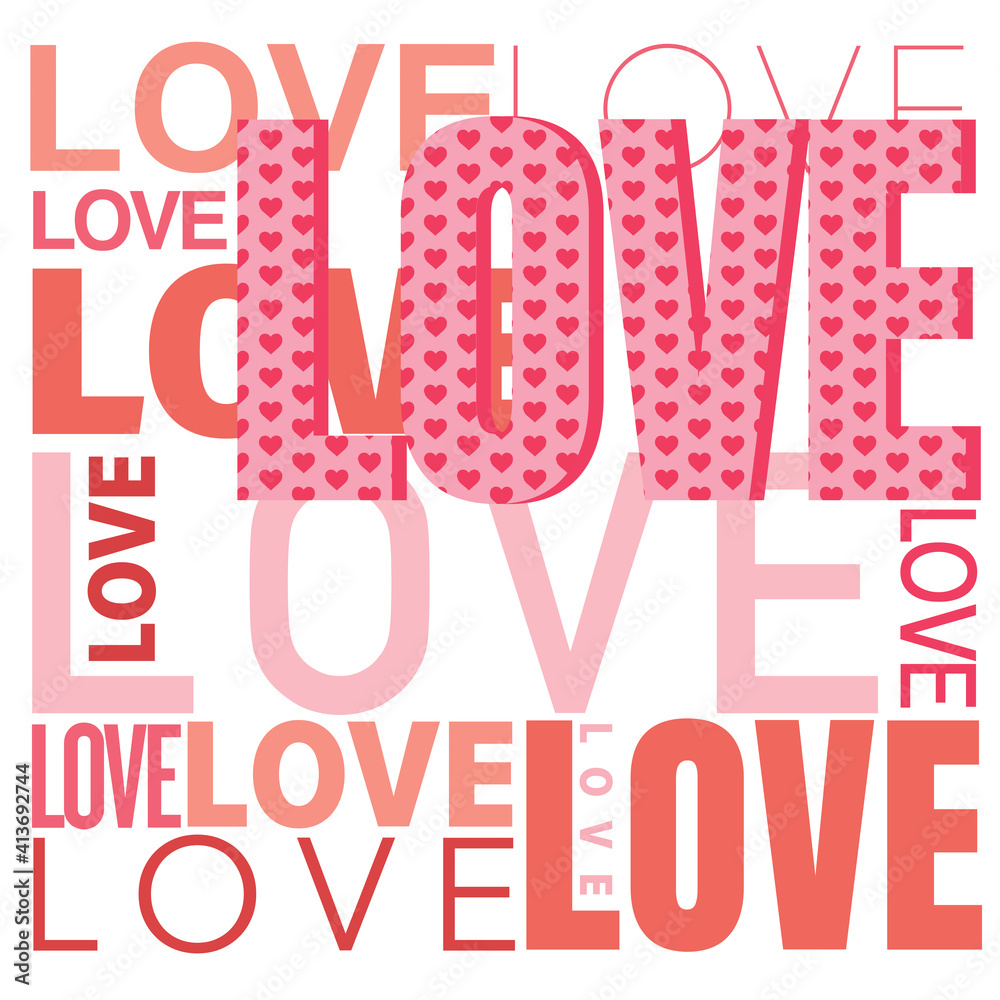 Digitally generated illustration of love text in different fonts on white background