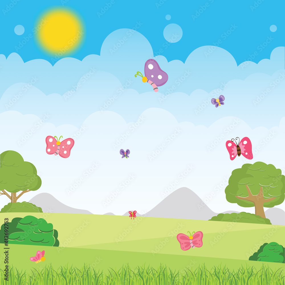 Digitally generated illustration of multiple butterflies flying against spring landscape