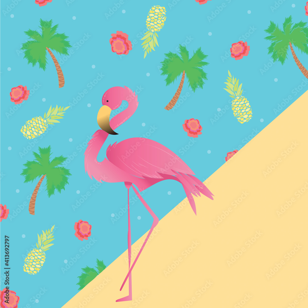 Digitally generated illustration of tropical flamingo bird and fruits icons against blue background