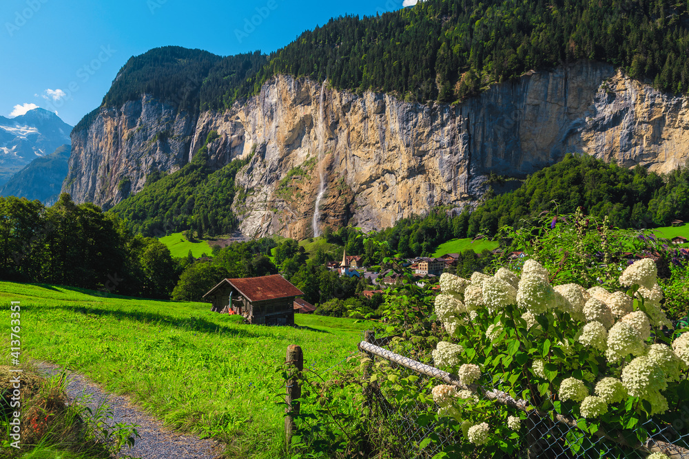 Lauterbrunnen valley view from the flowery garden, Bernese Oberland, Switzerland