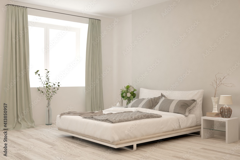 White bedroom interior. Scandinavian design. 3D illustration