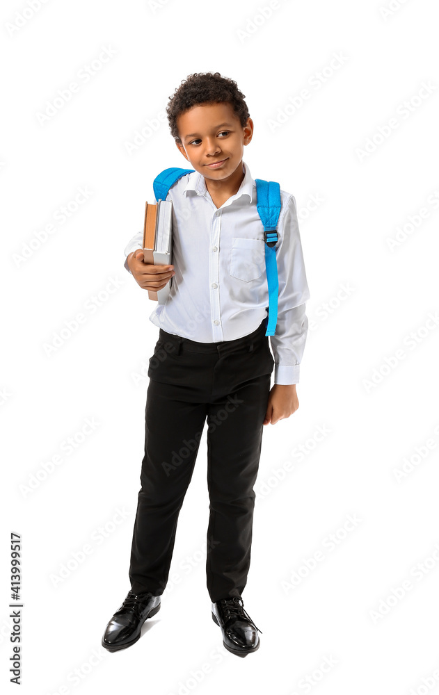 Little African-American schoolboy on white background