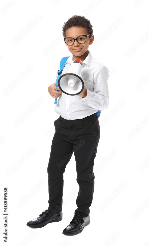 Little African-American schoolboy with megaphone on white background