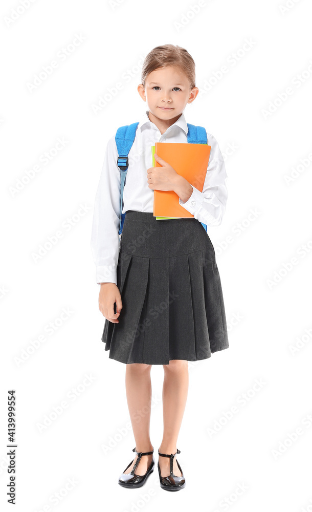 Little schoolgirl on white background