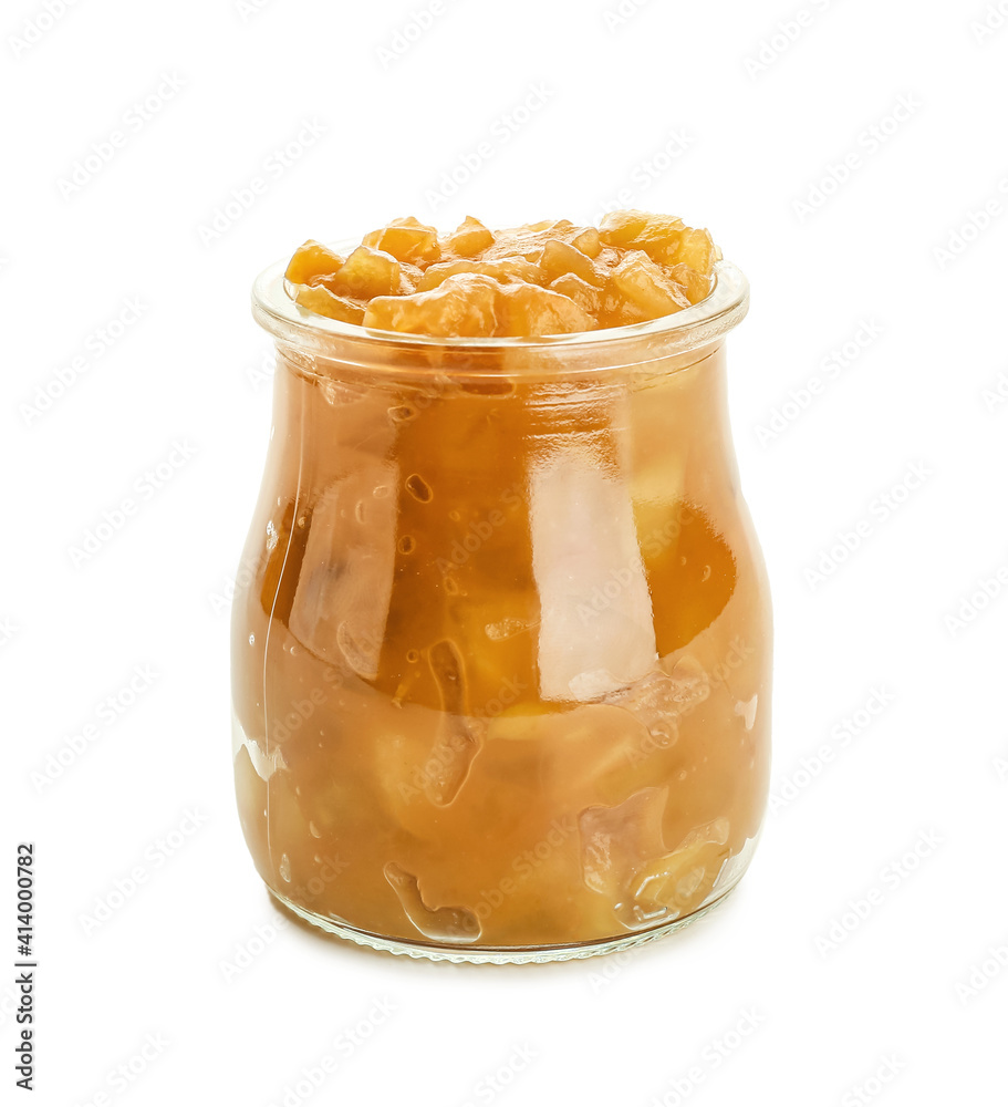 Jar with sweet apple jam on white background