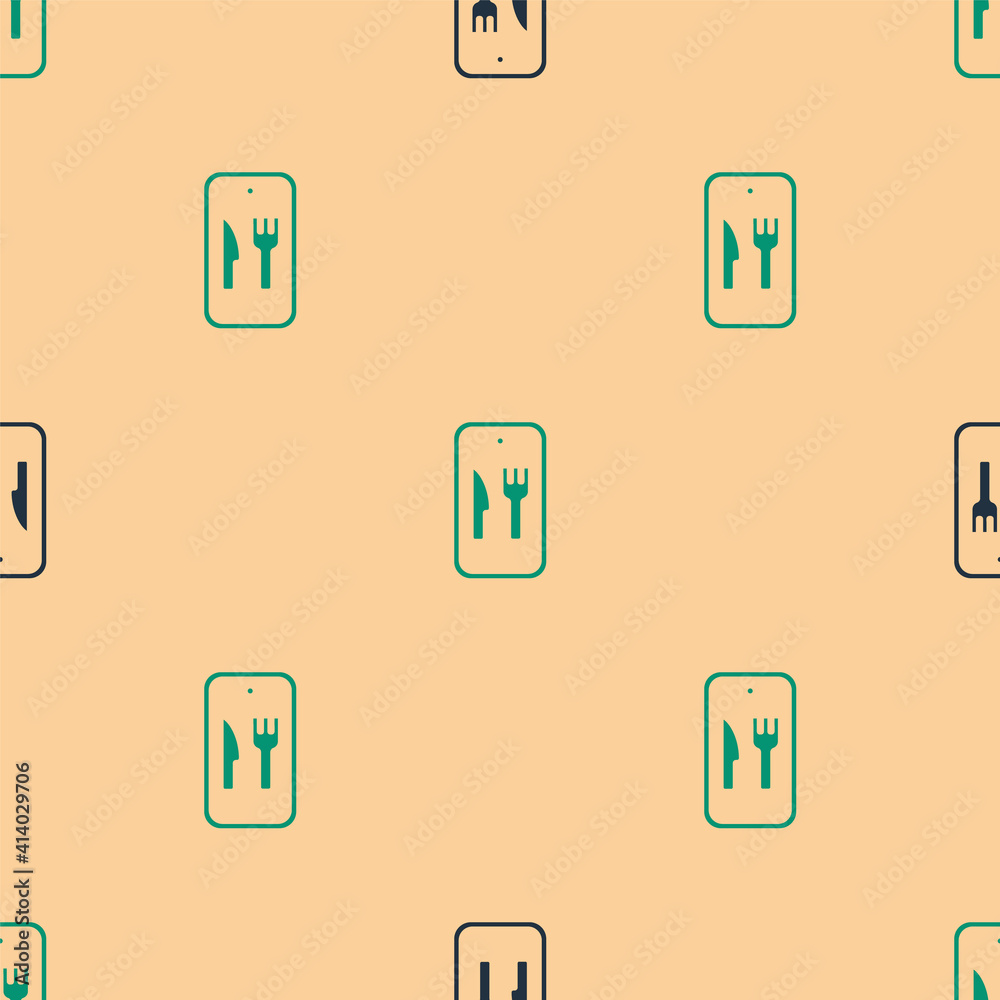 Green and black Online ordering and fast food delivery icon isolated seamless pattern on beige backg