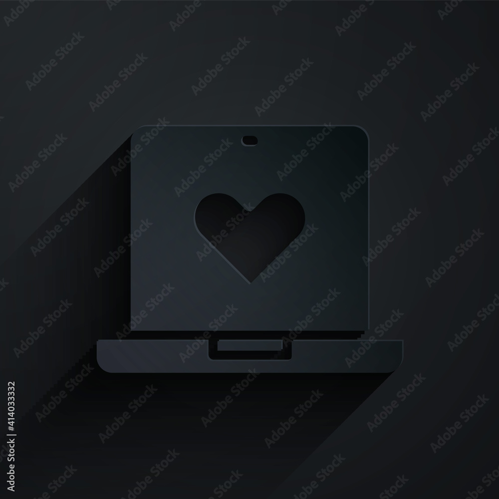 Paper cut Dating app online laptop concept icon isolated on black background. Female male profile fl