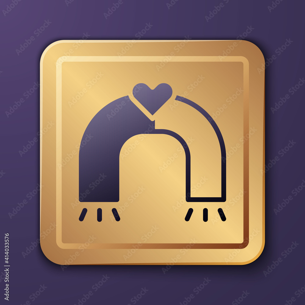 Purple Love magnet icon isolated on purple background. Gold square button. Vector.