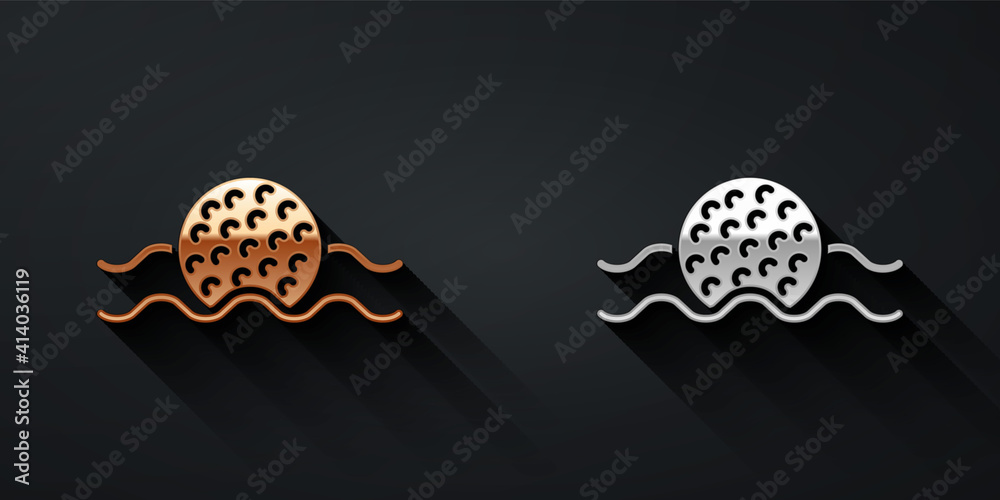 Gold and silver Golf ball in water icon isolated on black background. Long shadow style. Vector.