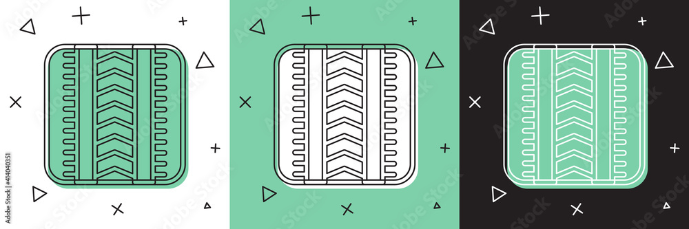 将轮胎轨迹图标隔离在白色和绿色、黑色背景上。矢量。
