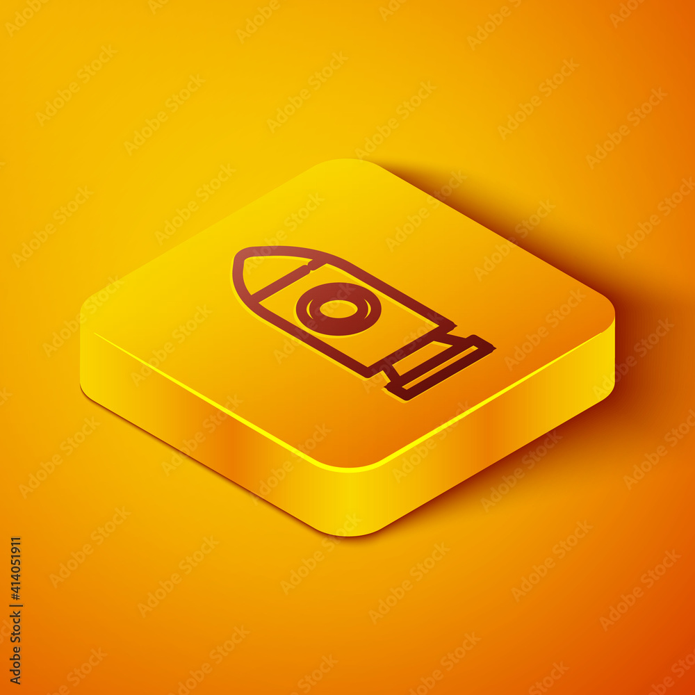 Isometric line Rocket ship icon isolated on orange background. Space travel. Yellow square button. V