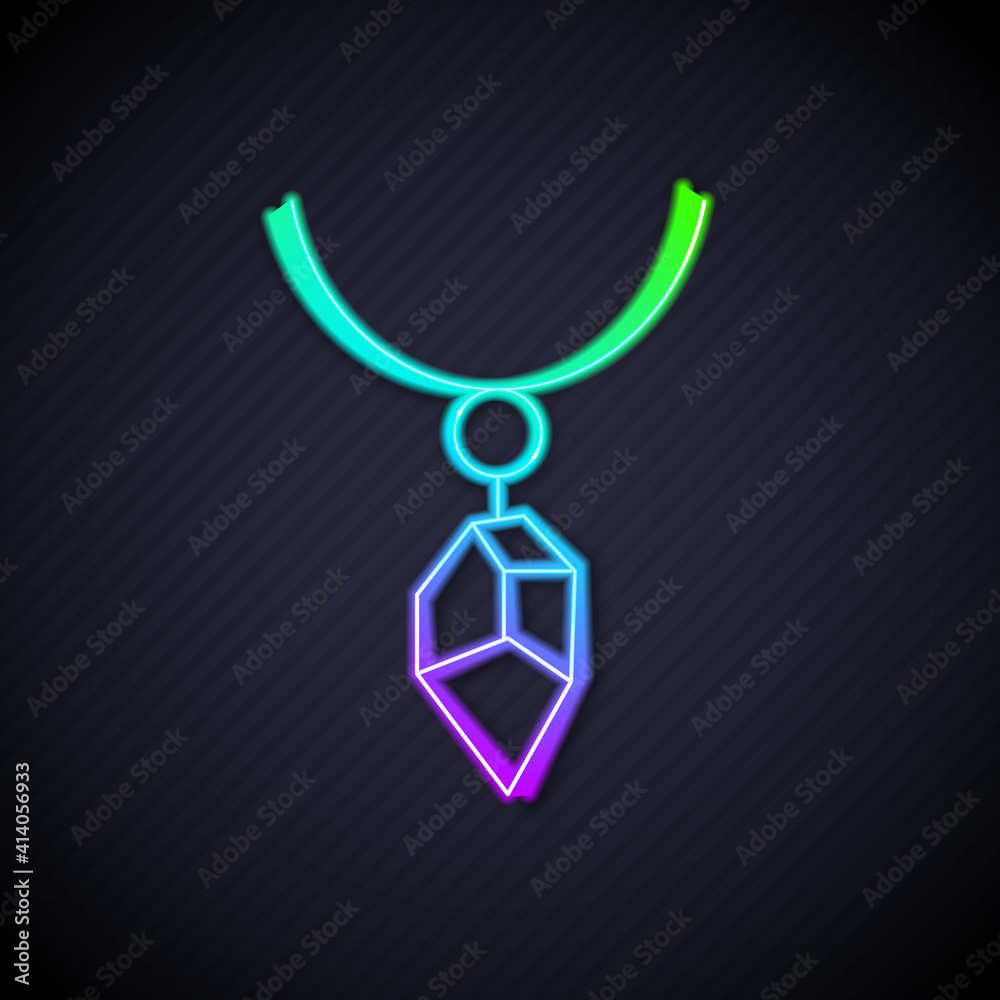 Glowing neon line Necklace with crystal icon isolated on black background. Vector.