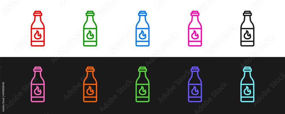 Set line Tabasco sauce icon isolated on black and white background. Chili cayenne spicy pepper sauce