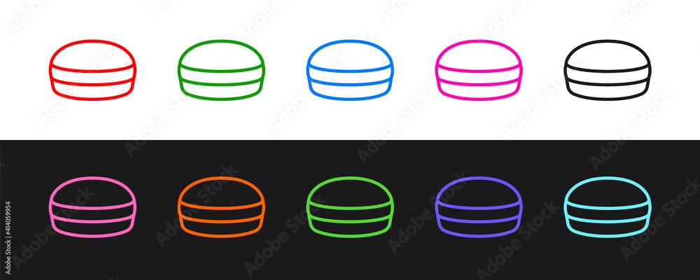 设置线马卡龙饼干图标，隔离在黑白背景上。马卡龙甜面包店。矢量。