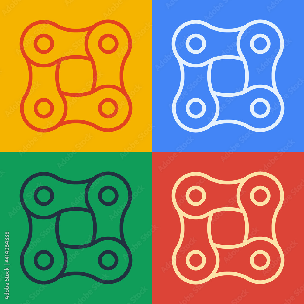 Pop art line Bicycle chain icon isolated on color background. Bike chain sprocket transmission. Vect