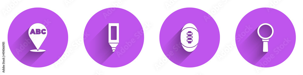 设置字母表、记号笔、美式足球和长阴影放大玻璃图标。矢量。