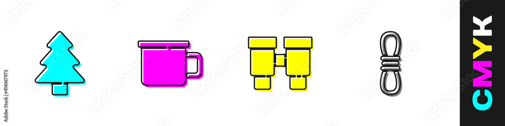 设置森林、露营金属杯、双筒望远镜和登山者绳索图标。矢量。