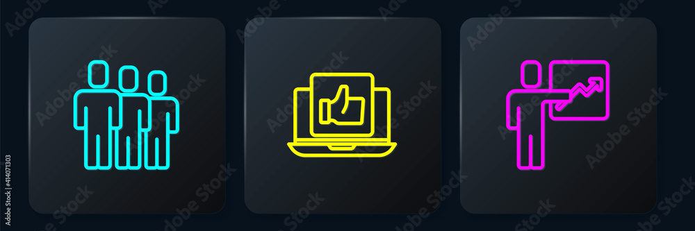 Set line Users group, Team leader and Hand like. Black square button. Vector.