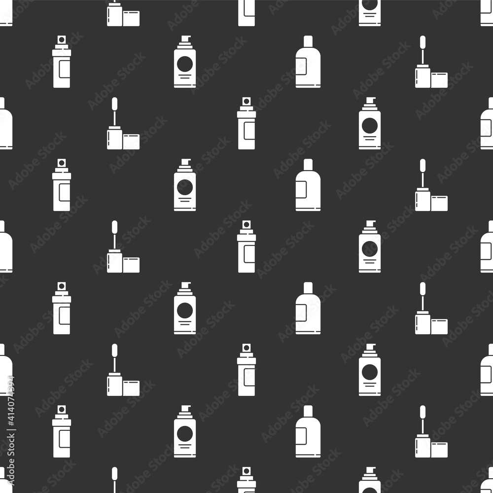 Set Bottle of shampoo, Mascara brush, Perfume and Spray can for hairspray on seamless pattern. Vecto